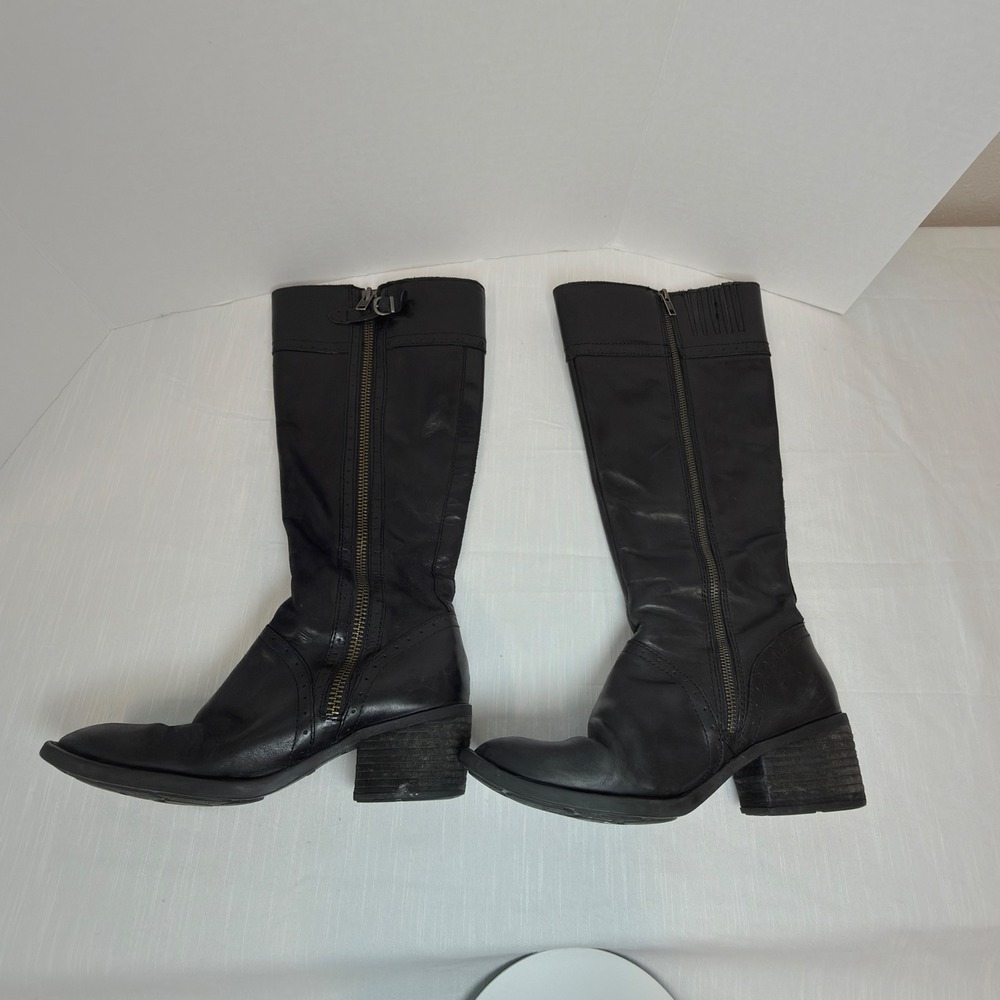 Born Tall Boots Women 8.5 Black Excellent Leather Side Zip Block Heel Brogue